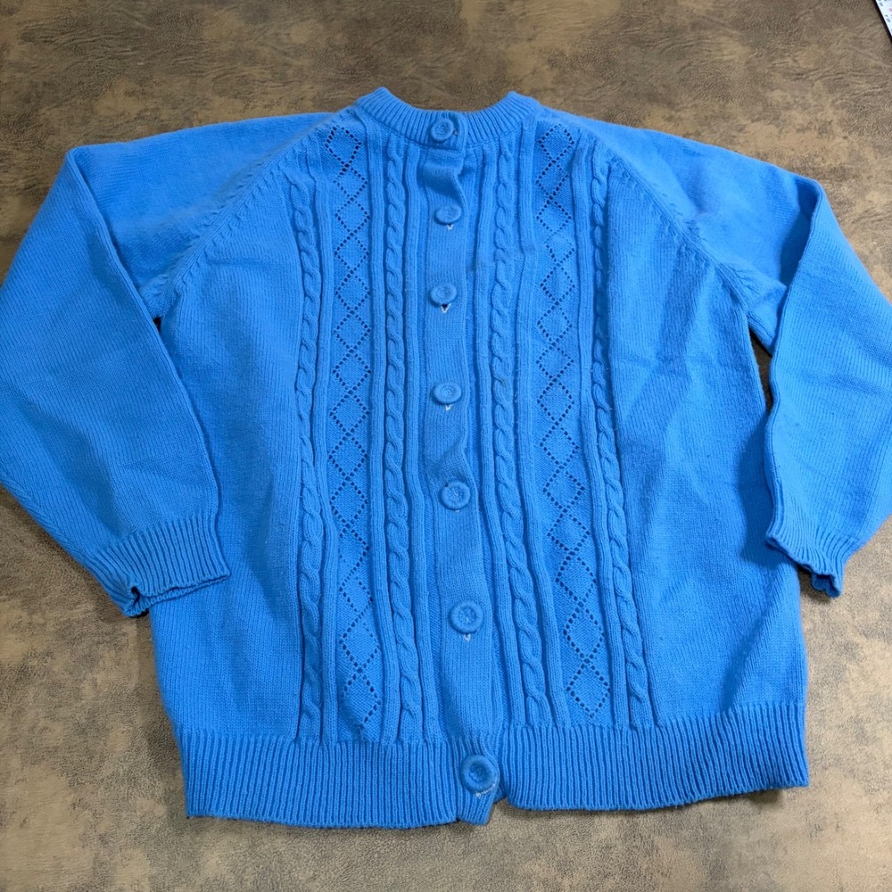 Fully Fashioned Cardigan Sweater Womens L 46 Blue Vintage Pointelle Cable Knit